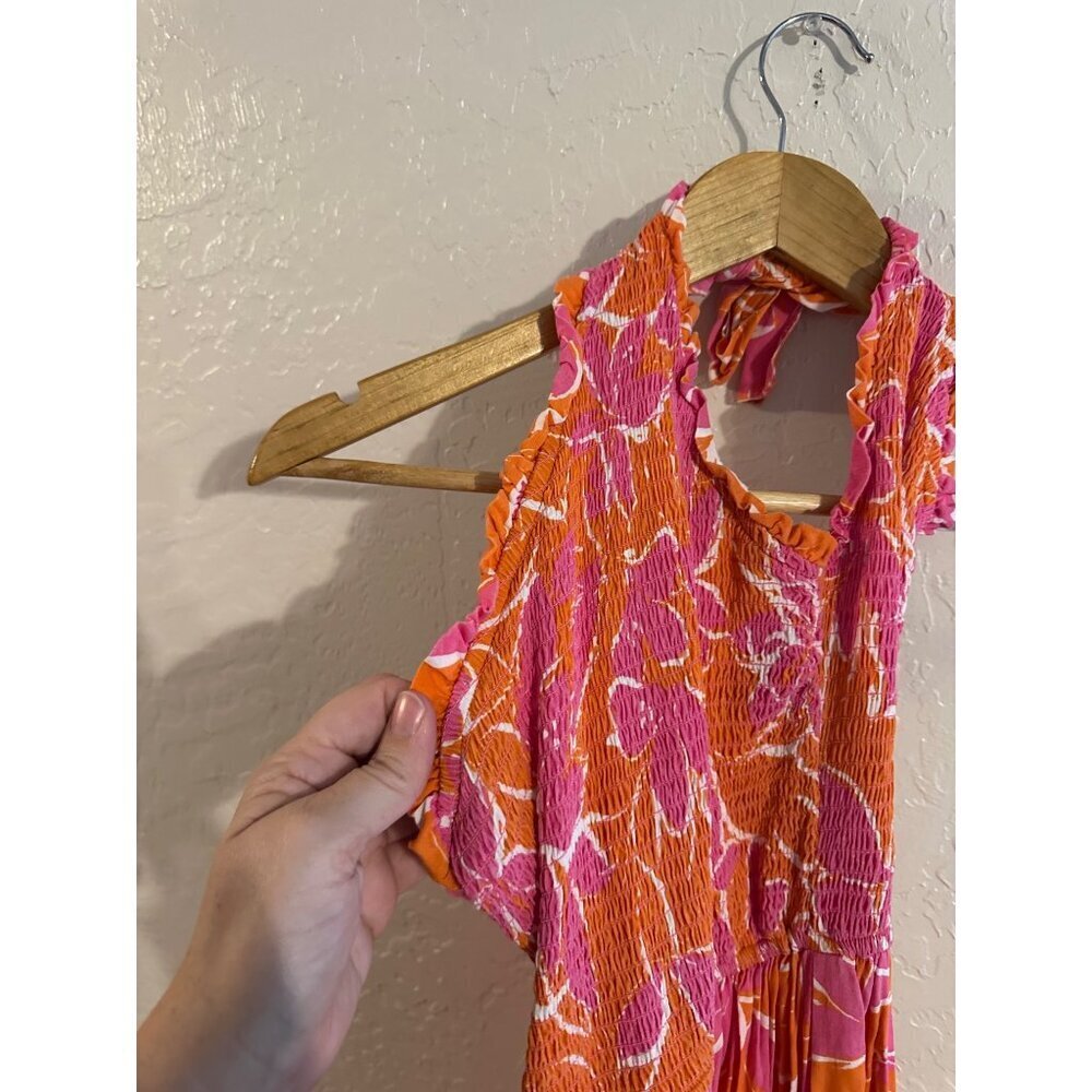 Y Japna Rayon Orange & Pink Beachy Crinkle Floral Print Feminine Spring Dress - Picture 9 of 9